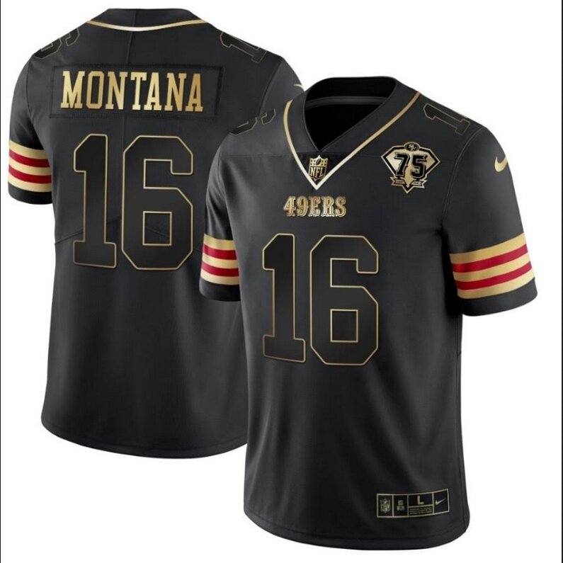 Men San Francisco 49ers 16 Montana Black 2024 Nike 75 Patch Vapor NFL Jersey style 1